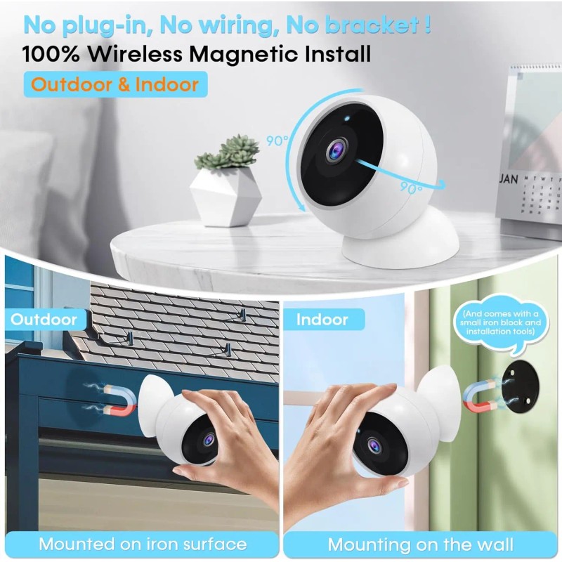 Security Cameras Wireless Outdoor Indoor Magnetic 2-Pack Install-Free Smart 2K