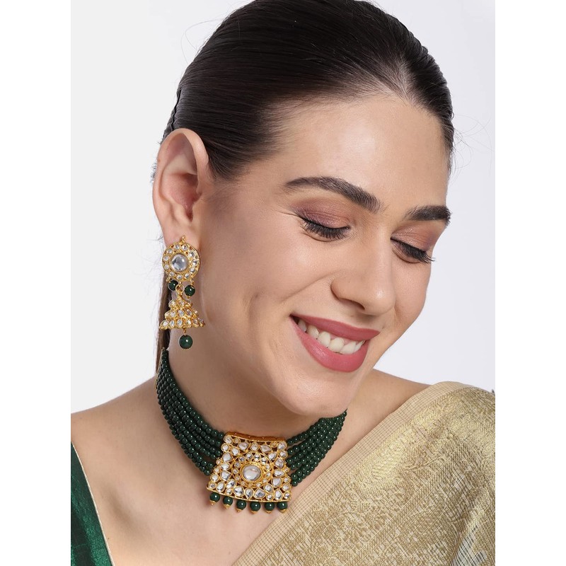 Aheli Trendy Gold Plated Green Kundan Pearl Gargantilla Collar con