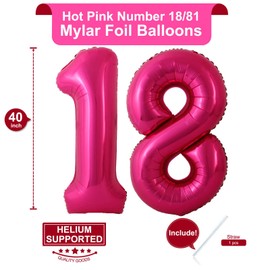 40 Inch Hot Pink 18 Number Balloons Giant 18 Balloons Hot Pink Birthday 18 Balloons 18th Birthday Anniversary Party Decorations Supplies