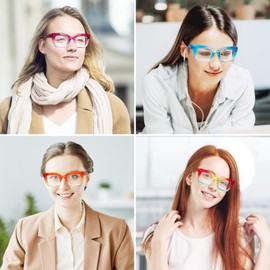 MMOWW 4 Pack Fashion Square Reading Glasses for Women Men Blue Light Blocking Readers with Spring Hinges, Rainbow/Blue/Orange/Purple +3.0