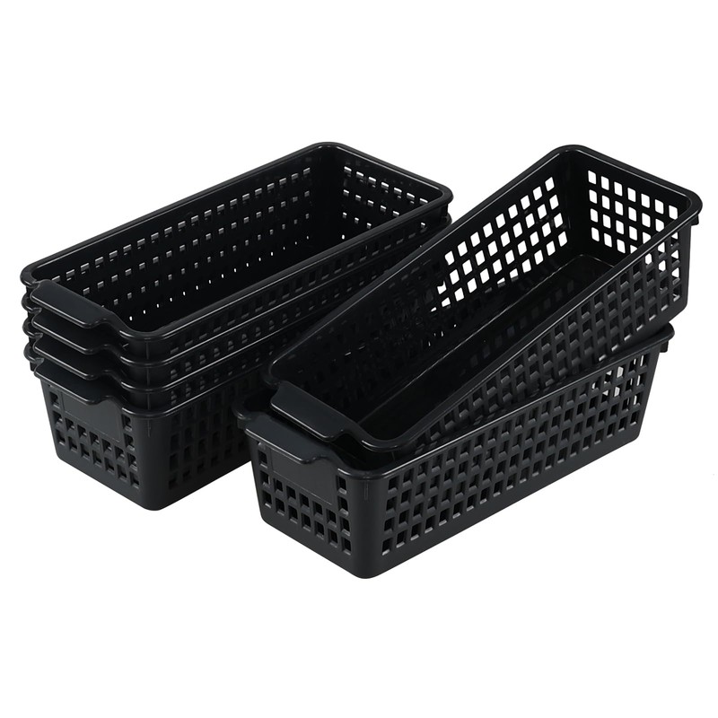 Ysmiltion 6-Pack Slim Plastic Storage Baskets, Black Desktop Storage Basket
