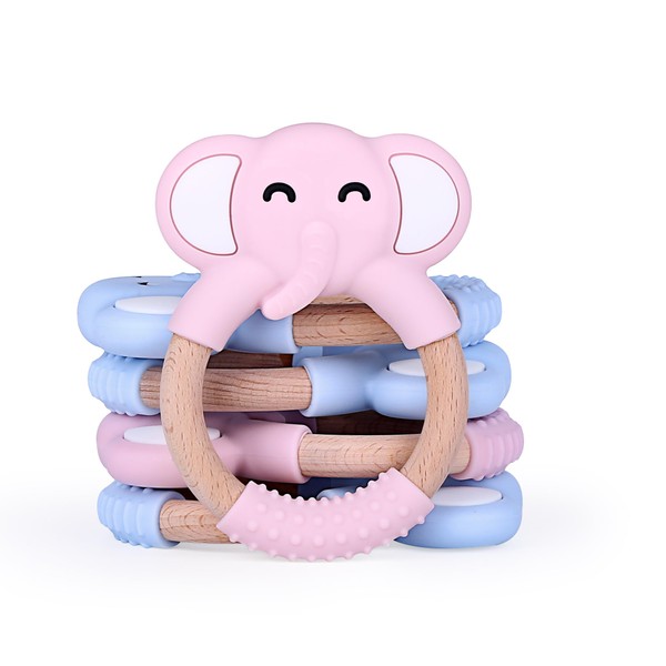 chummies | Dona de Elefante mordedera de silicon y madera de haya juguete bebe 0 6 12 18 meses(Rosa)