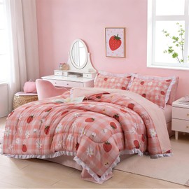 Holawakaka Ruffle Gingham Comforter Set Twin, Pink Ruffled Strawberry Plaid Bedding Set with Sheets, 5 Pieces Vintage Farmhouse Checkered Bed in A Bag for Girls Teen-Girls
