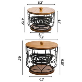 yarlung Set of 2 Coffee Pod Holder with Lid, Large Capacity K Cup Holder with Rustic Wooden Base, Black Wire Coffee Storage Basket for Coffee Filters Capsules, Coffee Bar Organizer