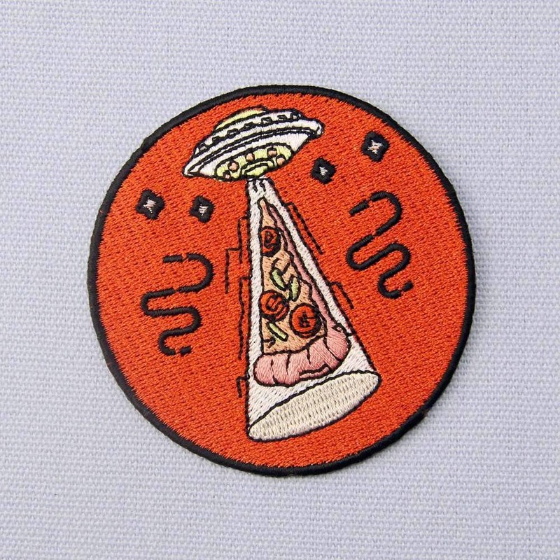 Iron-on or Sew on UFO and Pizza Embroidered Badge Patch