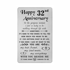 TANWIH 32nd Anniversary Card for Her Wife, 32 Year Anniversary Card Gifts for Her Women, 32nd Wedding Anniversary for Wife, Engraved Metal Wallet Cards