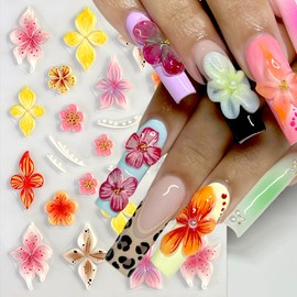4Pcs Hawaiian Flower Nail Stickers 5D Embossed Lily Flower Stickers for Nails Self Adhesive Hibiscus Floral Nail Decals Summer Flower Nails Design Floral Nail Supplies Tropical Nail Decor for Women
