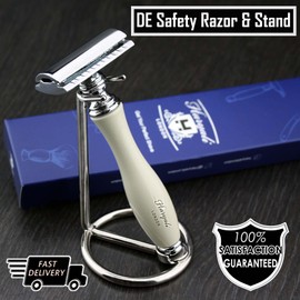 Gent's Classic DE Safety Razor in Elegant Ivory Colour & Stainless Steel Stand (Blades Not Included) | Men's Shaving & Grooming Essentials > Gift for Him