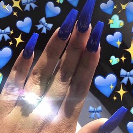 Allereya Long Coffin Print On Nails Blue Neon Fake Nails Shiny Ballerina Nails Full Cover Acrylic Nails French Clip On Nails Tips for Women and Girls 24 Pieces (Blue)