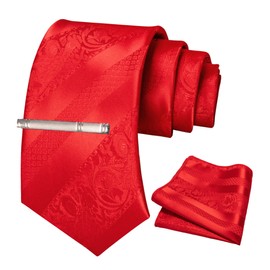 JEMYGINS Mens Mixed Roses Striped Tie Set Including Tie Clip & Handkerchief, everything red