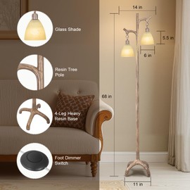 68" Farmhouse Floor Lamp with Glass Shade for Living Room, Vintage Standing Lamp for Bedroom, Rustic Floor Lamp Stepless Dimmable Tree Trunk Tall Lamp for Home Room Office Decor (Bulb Included)