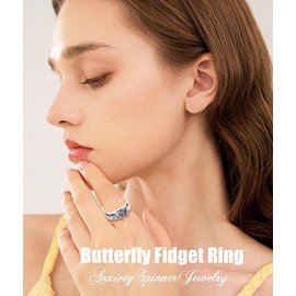 Ladytree Butterfly Fidget Ring S925 Sterling Silver Butterflies Blue CZ Anxiety Relieving Spinner Rings ADHD Relief Stress for Women Daughter Mom Size 10