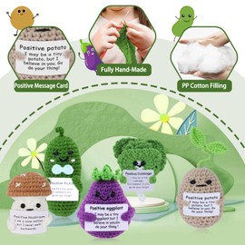 Positive Potato Crochet Doll,5PCS Emotional Support Pickle Cucumber, Encouragement Support Vegetables Mushroom Cabbage Knitted Dolls with Positive Card,Stress Relieving Knitting Doll Decor Keychain