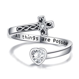 Cross Ring Sterling Silver Cross Fith Cubic Zirconia Adjustable Ring Christian Jewellery Gift for Women