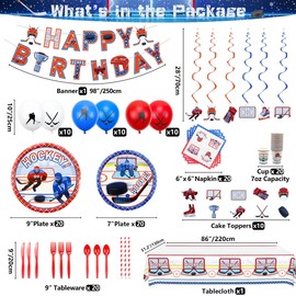 Hockey Party Supplies - Ice Hockey Birthday Party Set Including Plates, Cups, Napkins, Tableware, Tablecloth, Hanging Swirl, Balloons, Banner for Kid's Hockey Fans Birthday Gameday - Serves 20