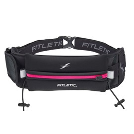 Fitletic - Ultimate II Running Pouch with Gels, Runners Pouch, Running Waist Belt with Gel Loops, Exterior Pocket, Inner Pocket, and Integrated Bib Toggles, Running Accessories, Black/Pink