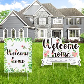 2PCS Welcome Home Outdoor Yard Sign Decorations Floral Welcome Lawn Sign with Stake Baby Shower Yard Signs Supplies for Home Gender Reveal Family Housewarming Welcoming Party Yard Garden Outside Decor