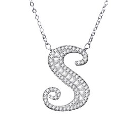 Uloveido Initial S Letter White Gold Plated Necklace Pendant for Women Girls Kids Mom Friend with Cubic Zirconia Stone CZ Crystals NL025