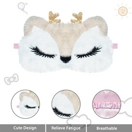 Ynaice Sleep Mask for Kids, Ynaice 3D Plush Cartoon Eye Mask Reindeer Animal Soft Fluffy Plush Eye Cover for Sleeping,for Night,Travel,Nap (Reindeer,Khaki)