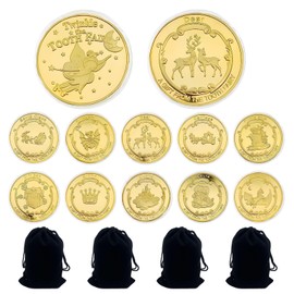 Pack of 10 Tooth Fairy Gifts Girls, Tooth Fairy Coin, with Storage Bag, Gifts for Children with Teeth Loss, Suitable for Boys and Girls (Gold)