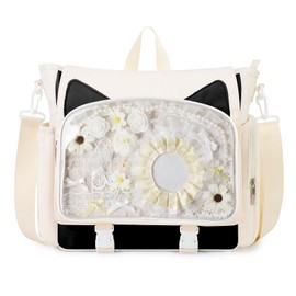 TINYAT Ita Bag Backpack for School Kawaii Pin Display Bag Aesthetic Cat Backpack Anime Cosplay Crossbody Messenger Bag Girls Women Students, White Black / 107472