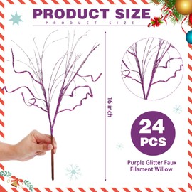 Craftsatin Christmas Glitter Curly Tree Picks Wispy Willow Stem Glittered Twigs Decor Wreath Garland Floral Arrangement Glitter Stems for Xmas Tree Holiday Decor(Purple,24 pcs)