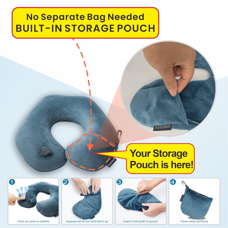 Inflatable Travel Neck Pillow for Airplane Train Car Washable Pillowcase