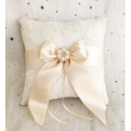Uwedding Lace Pearl Wedding Ring Pillow Cushion Bearer 8.26 Inch with Beige Ribbon Bow Rhinestone Brooch Décor for Wedding Ceremony Vow Renewal Baby Shower Party Favor-Pillow