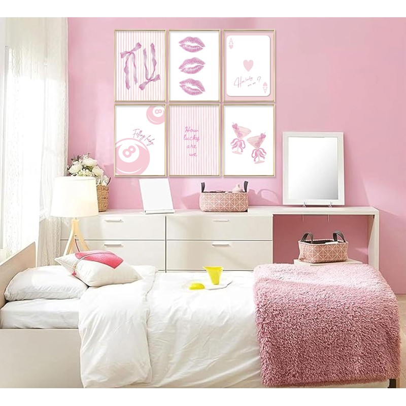 6Pcs Pink Coquette Wall Art How Lucky Are We Stripe