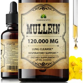 HERBALICIOUS Mullein Drops for Lungs – Organic Lung Cleanse Supplement with Mullein Leaf Extract (Verbascum Thapsus) – Vegan, Non-GMO Liquid Formula – 4 Fl Oz
