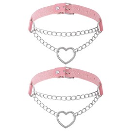 UNICRAFTALE 2pcs Leather Choker Necklace Pink Necklace for Women 47cm Adjustable Necklaces Chain with Metallic Heart Ring Punk Style Jewellery for Gifts Prom Costume Accessories
