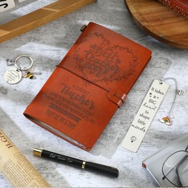 Nezyo 4pcs Teacher Gift Set, Thank You Best Teacher Ever Leather Journal Appreciation Notebook with Inspirational Keychain Pen Bookmark Leaving Gifts from Student End of Term Retirement