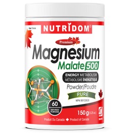 Nutridom Magnesium Malate Powder 500mg, 150g, 60 Servings, Unflavoured, Non-GMO, Vegan, Gluten-free, Soy-free, and Dairy-free