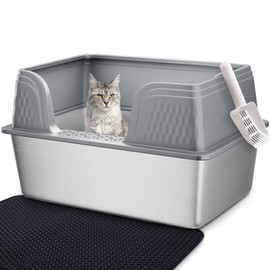 Vealind XXL Stainless Steel Cat Litter Box High Sided with Lid 23.7" L x 16" W x 14" H Anti Leakage Extra Large Metal Cat Litter Tray with Scoop and Mat for Big Cats (Grey)