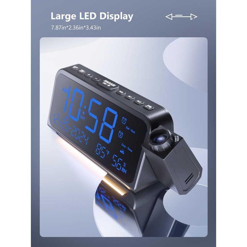 Projection Alarm Clock for Bedroom, Alarm Clock with 350° Rotatable