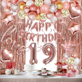 Miidenks 19th Birthday Decorations for Women Girls Rose Gold, Rose Gold Happy Birthday Banner, Fringe Curtains, Foil Balloons, Hanging Swirls for Women Girls 19 Birthday Party Decorations