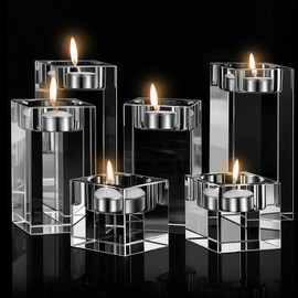 Perthlin 6 Pcs Crystal Tea Light Candle Holders Glass Votive Candle Stands Square Candlestick Holders for Wedding Dining Living Room Centerpiece Decorations, 1.57", 3.15", 3.94"