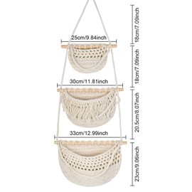 3-Tier Wall Hanging Storage Organizer, Cotton Linen Wall Mount Hanging Bag with Rope, Over Door Hanging Storage Baskets for Bedroom, Bathroom, Kitchen, Office, Nursery, Beige