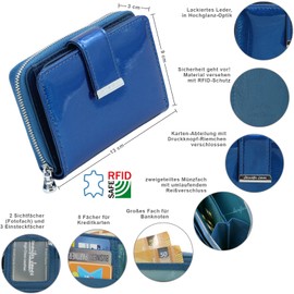 Jennifer Jones - Genuine Leather Women's Wallet - with RFID Protection - Gloss Look - Medium Size, blue