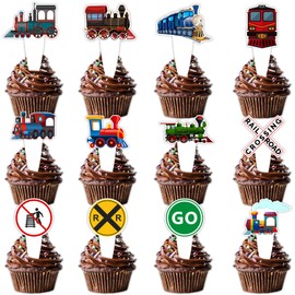 Dessert Cupcake Topper Cheer to Transportation Train Railroad Crossing Theme Decor Supplies Baby Shower Children Boy Girl Happy Birthday Party Decorations set 24pcs
