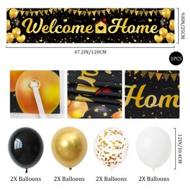 Welcome Home Banner Decorations Backdrop - Black Gold Welcome Home Balloons Large Yard Banners, Military Relatives Returning Housewarming Background Decor for Homecoming Family Party Indoor Outdoor