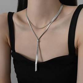 Wendalern Long Snake Chain Lariat Necklaces Layered Herringbone Chain Drop Y Necklace Sliding Herringbone Necklace Adjustable Flat Snake Chain Y-Shaped Necklace Jewelry for Women Girls