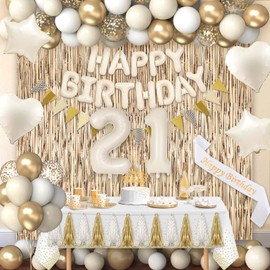 Miidenks 21st Birthday Decorations for Women, White and Gold 21 Boho Birthday Party Supplies Includes Number Balloons, Banner, Fringe Curtain, Cake Topper