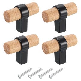 sourcing map 4Pcs T-Bar Wooden Drawer Pulls, 1.57" x 0.71" Wood Cabinet Pulls Single Hole Drawer Knobs with Black Base and Screws for Home Kitchen Room Closet Cupboard, Beech