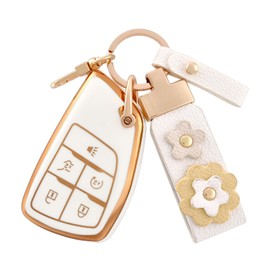OFF WE GO for Chevy Key Fob Cover with Leather Keychain, Soft TPU Protector Key Fob Case Fits for 2021-2024 Chevy Suburban Tahoe Silverado 1500 GMC Yukon Sierra Buick Envision (Gold White)