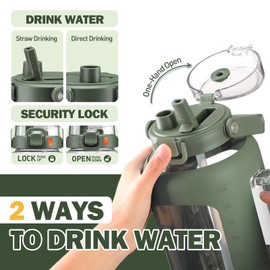 BLUEGO Water Bottle 64 oz Tumbler with Lid and Straw, Glass Water Bottle with Straw, Water Tumbler with Handle Half Gallon Water Jug Large Waterbottle for Daily Water Intake, BPA Free, Olive