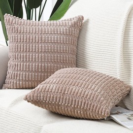 Madizz Pack of 2 Boho Striped Corduroy Throw Pillow Covers 18x18 inch, 45x45 cm, Brown Soft Decorative Cushion Cover for Sofa Bedroom Pillow Shell