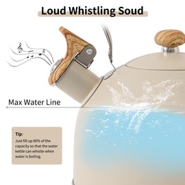 LONFFERY Tea Kettle for Stove Top, 2.5 Quart Whistling Tea Kettle, with Food Grade Stainless Steel and Wood Pattern Folding Handle, Creamy White