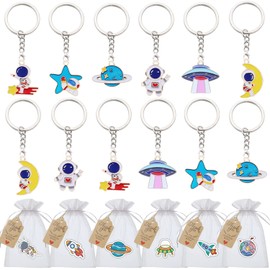 Outer Space Party Favor Astronaut Keychains Ring Rockets Planet UFO Party Supplies with Gift Bags Thank You Tags for Kids Birthday/Back To The Moon/Outer Space Party Appreciation Gifts, 12 Sets