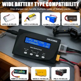 Coolschmax Balance Battery XT60 Charger Discharger, Cell Meter Resistance Tester for 1-6S LiPo, LiFePO4, Li-ion, LiHv, 1-15S NiMH, NiCd, 1-10S Pb, for Drone RC Car